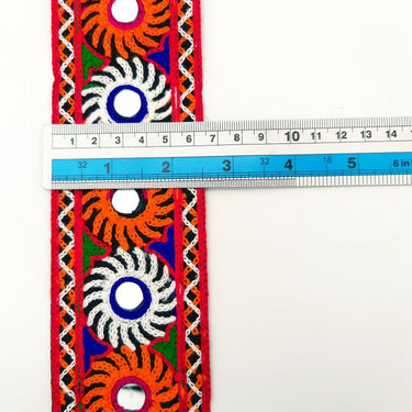 Black Cotton Fabric Trim with Multicolor Embroidery and Real Mirror, Kutch Embroidery Trim, Mirror Lace
